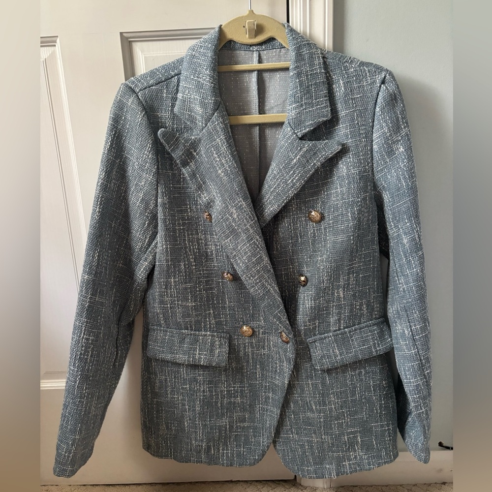 SHEIN Textured Oversized Blue Blazer with Gold Buttons